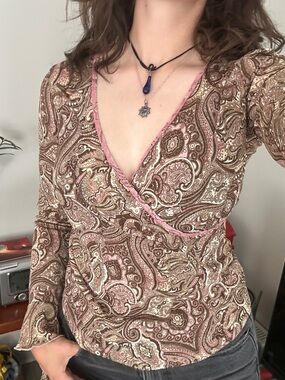 90s Pink and Brown Paisley Wrap Top